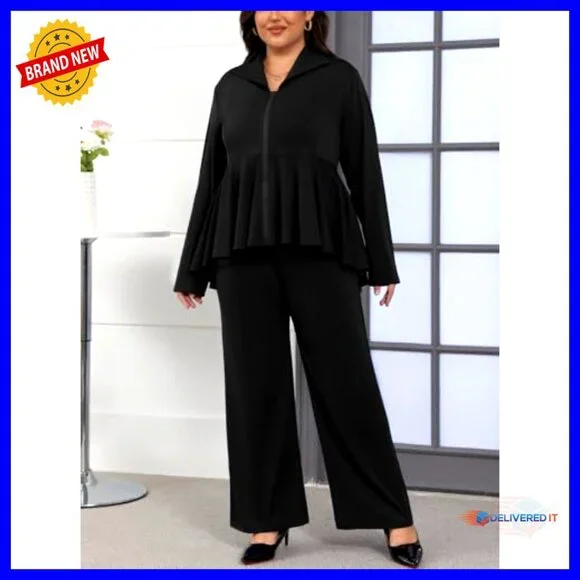 Plus Size Two Piece Set Zip Up Peplum Jacket Wide Leg Pant Suits - Picture 2 of 7